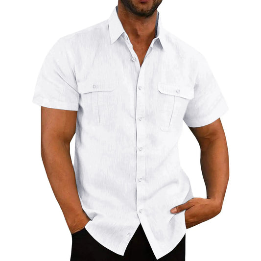 Summer Men's Solid Color Short-Sleeved Fashionable Shirt with Two Chest Pockets, Outdoor Casual Men's Cardigan