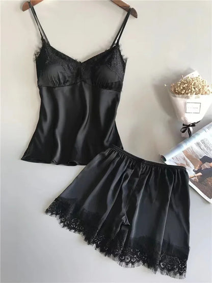 Women's Halter Pajamas 2 PCS Camisole and Shorts Home Wear Red Black Sexy Lace S M Ventilate Comfort