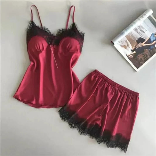 Women's Halter Pajamas 2 PCS Camisole and Shorts Home Wear Red Black Sexy Lace S M Ventilate Comfort