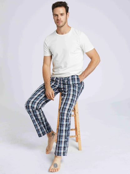 3pcs Men's Pajama Bottoms Spring/Summer Cotton Thin Plaid Sleep & Lounge Pants with Pockets and Elastic Waistband