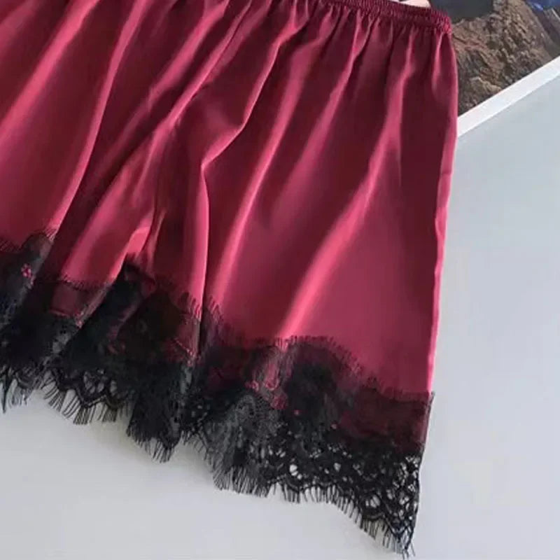 Women's Halter Pajamas 2 PCS Camisole and Shorts Home Wear Red Black Sexy Lace S M Ventilate Comfort