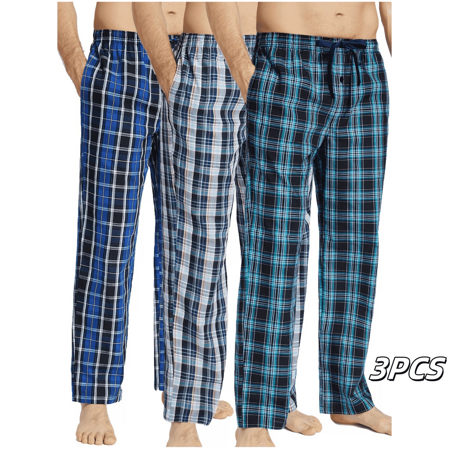 3pcs Men's Pajama Bottoms Spring/Summer Cotton Thin Plaid Sleep & Lounge Pants with Pockets and Elastic Waistband
