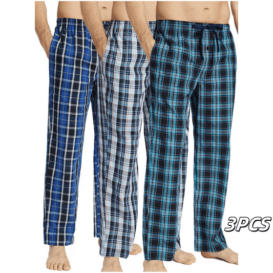 3pcs Men's Pajama Bottoms Spring/Summer Cotton Thin Plaid Sleep & Lounge Pants with Pockets and Elastic Waistband