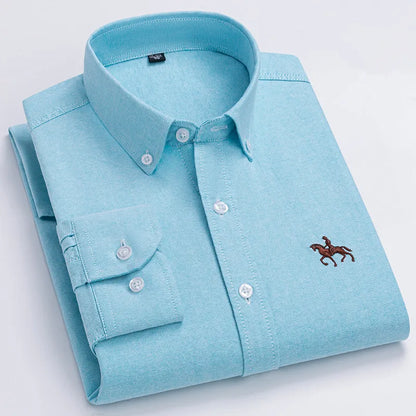 2024 100% Cotton Oxford Man Leisure Embroidered Horse Shirts Streetwear Oversized Men Shirt Floral Long Sleeve Casual Plus Size