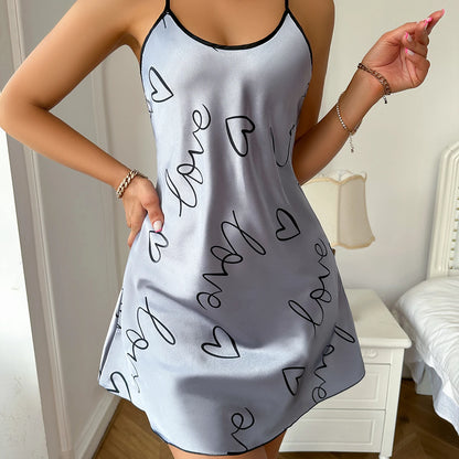 Women Summer Sexy Pajamas Sling Nightdress Open Back Criss Cross Sleep Dress Elegant Romantic Heart Print Sleeveless Sleepwear