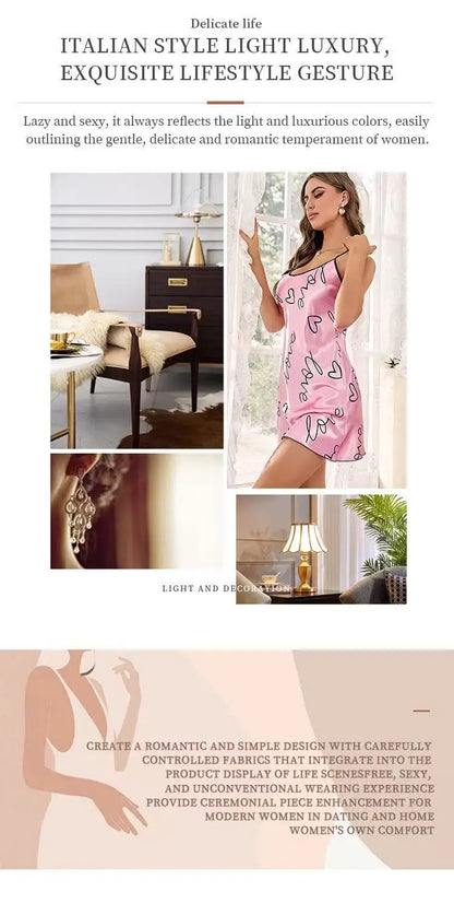 Women Summer Sexy Pajamas Sling Nightdress Open Back Criss Cross Sleep Dress Elegant Romantic Heart Print Sleeveless Sleepwear