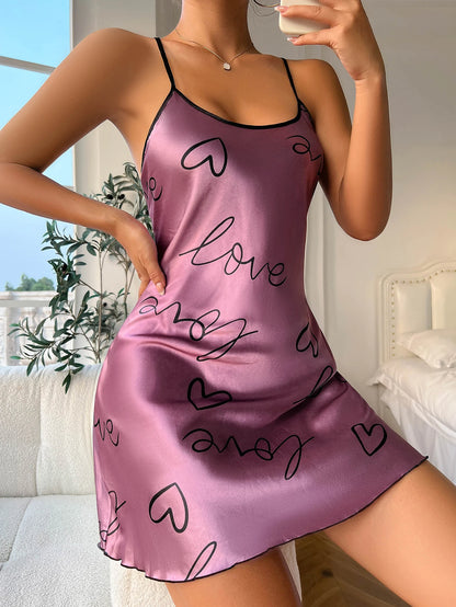 Women Summer Sexy Pajamas Sling Nightdress Open Back Criss Cross Sleep Dress Elegant Romantic Heart Print Sleeveless Sleepwear